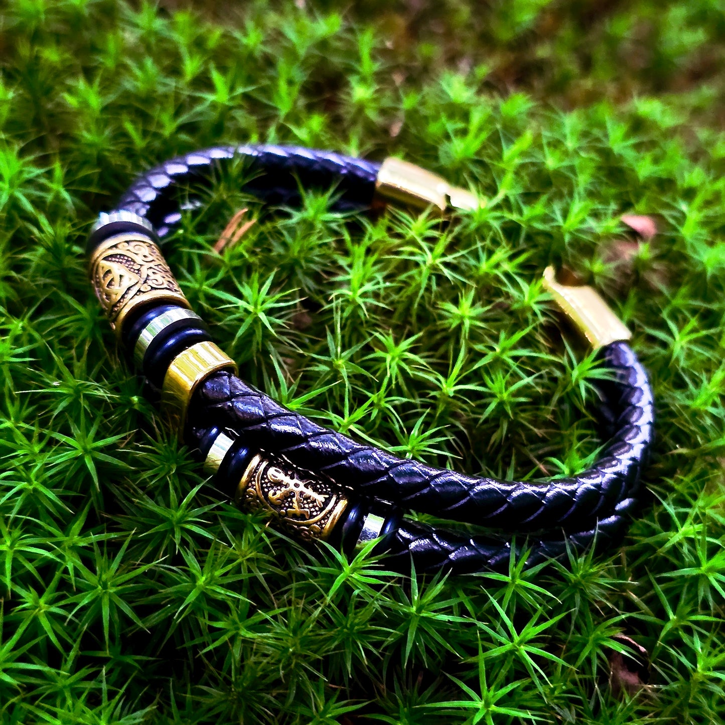Leather Bracelet "Vegvisir and Valknut Double" (2025)