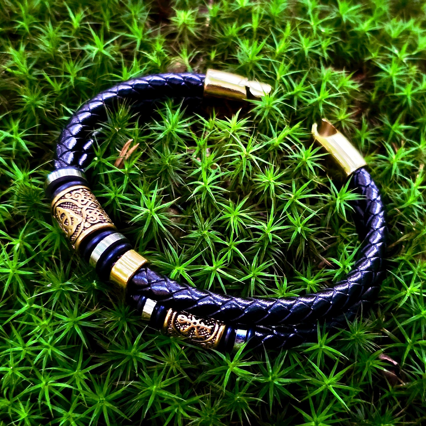 Leather Bracelet "Vegvisir and Valknut Double" (2025)