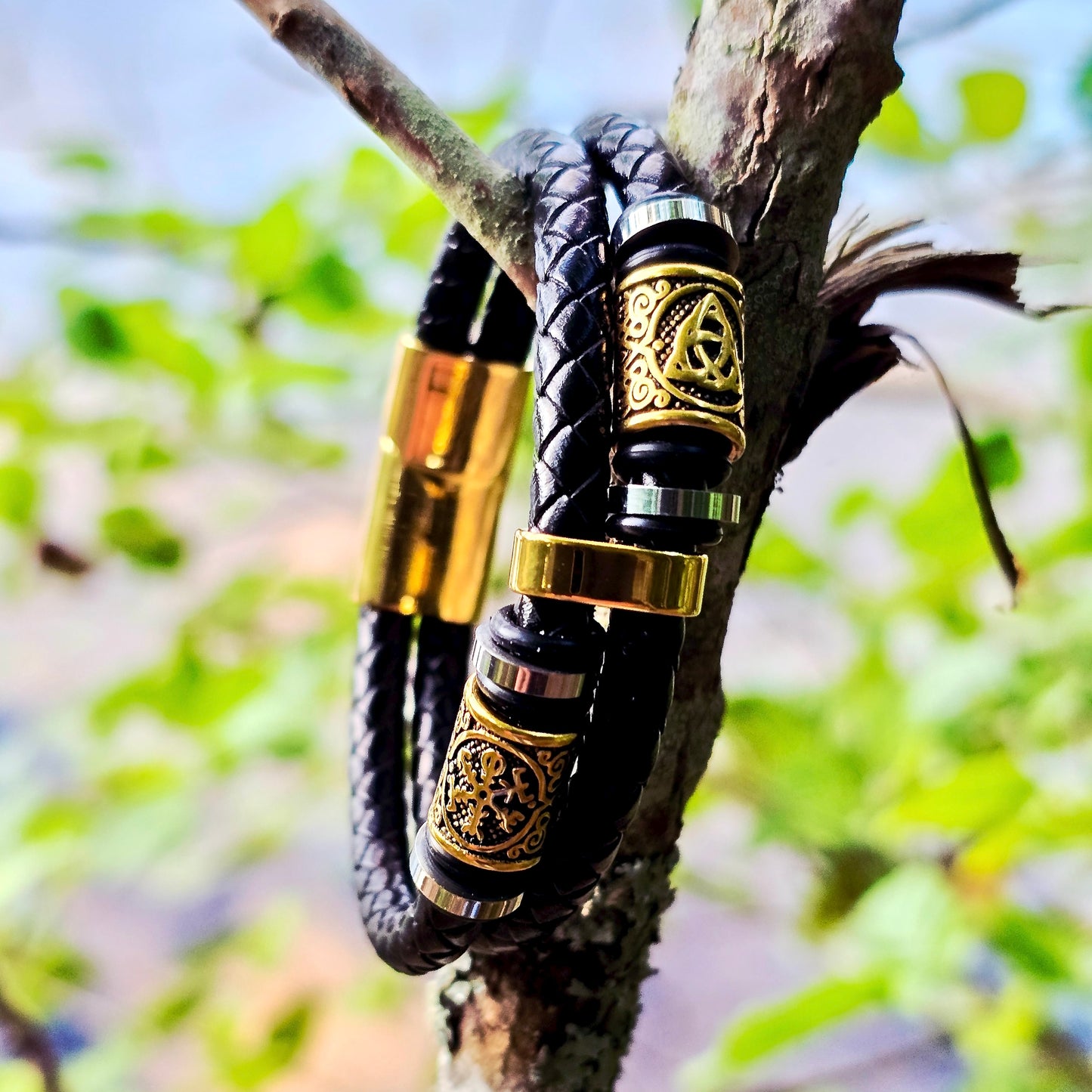 Leather Bracelet "Vegvisir and Valknut Double" (2025)