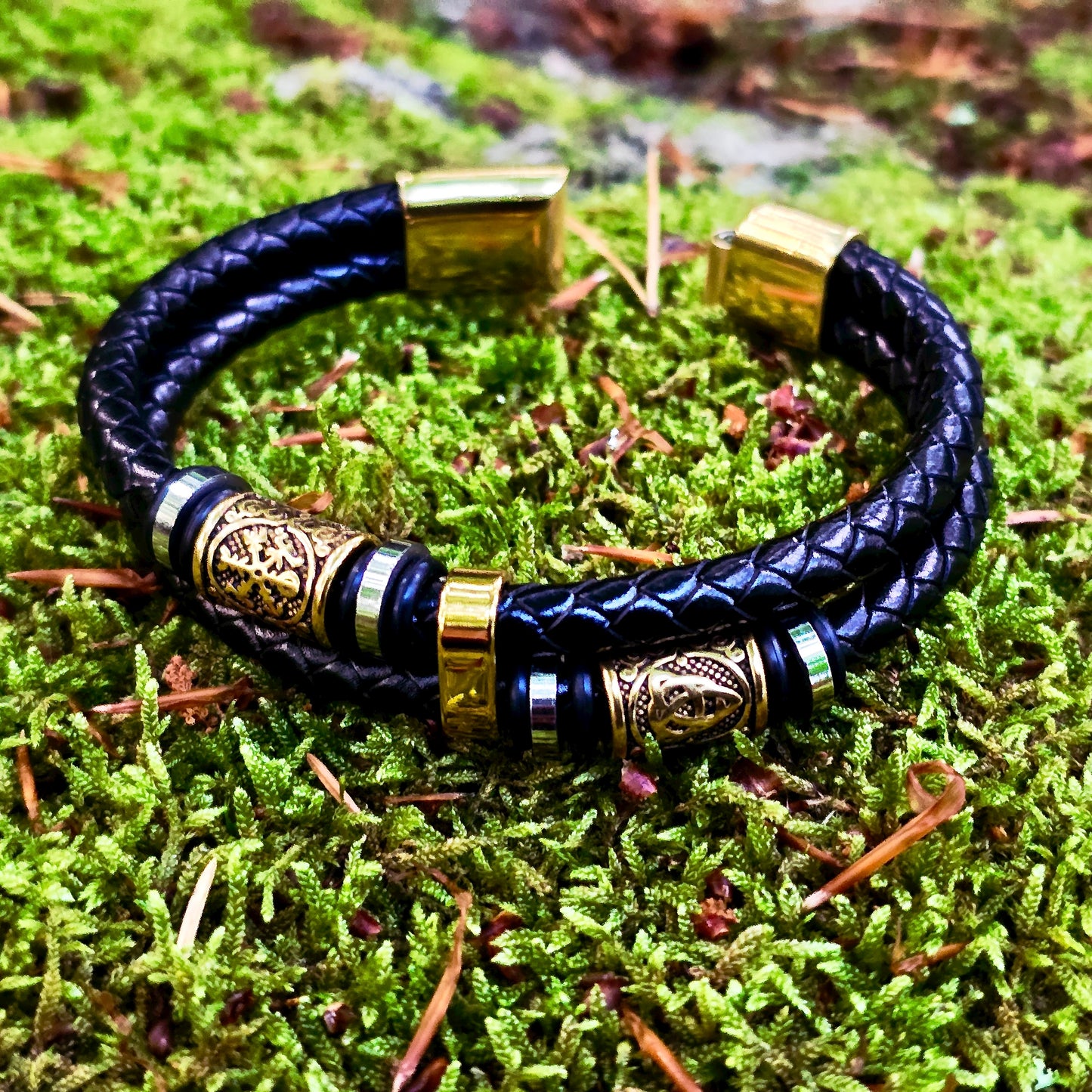 Leather Bracelet "Vegvisir and Valknut Double" (2025)