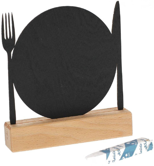 Tischständer aus Buch mit Schiefer - Tischdecke - Messer/Gabel/Tellerkarte