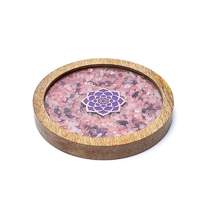 Wooden coaster lotus, Rose Quartz &amp; Amethyst