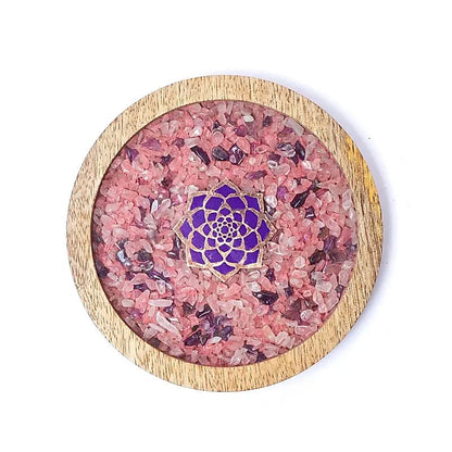 Wooden coaster lotus, Rose Quartz &amp; Amethyst