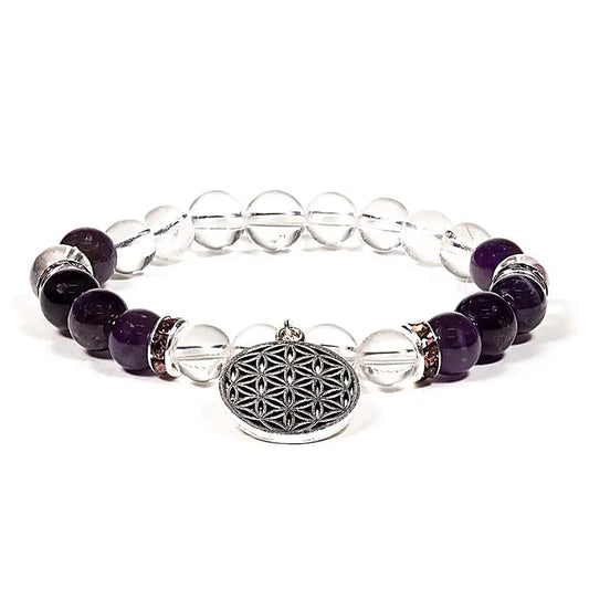 Armband „Bergkristall & Ametist med Livets Blomma“