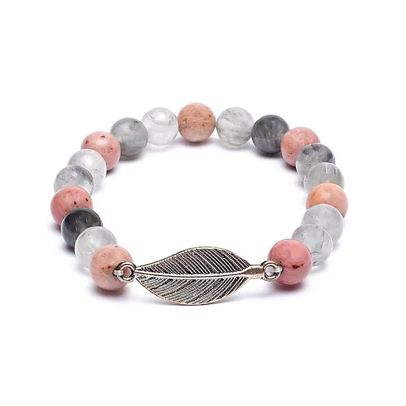 Armband / Mala - Rhodonit & Grauer Quarz mit Federanhänger