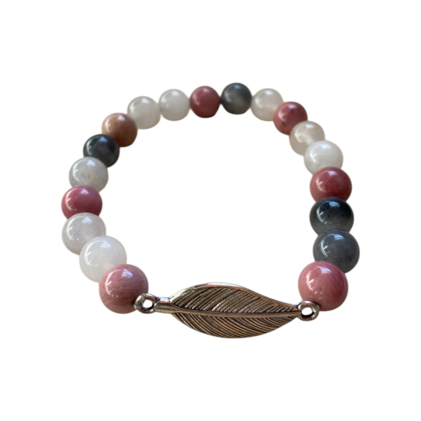 Armband / Mala - Rhodonit & Grauer Quarz mit Federanhänger