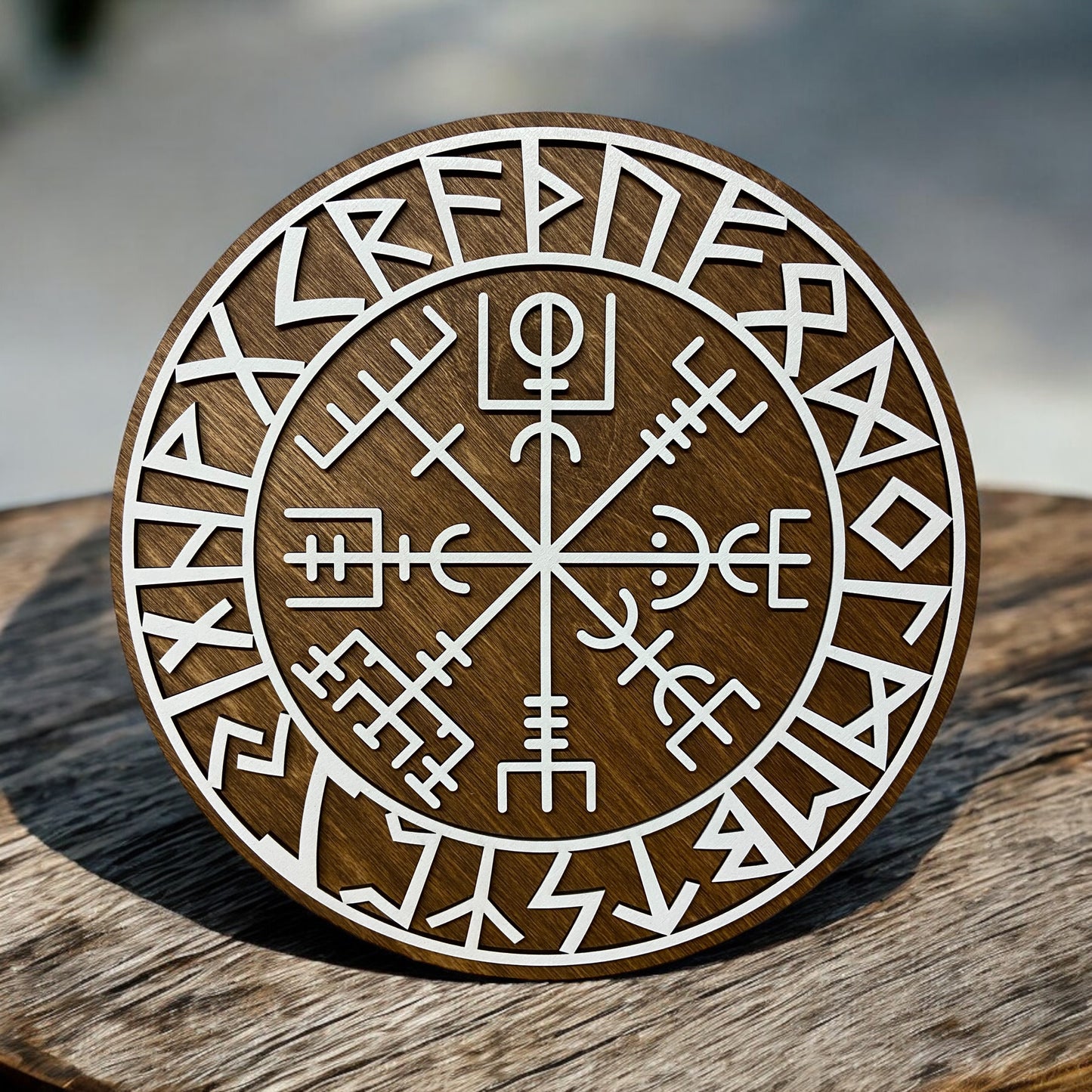 Wall decoration – Viking Shield with Runes &amp; Viking Compass 🛡️✨ - Type 3, Vers. 3