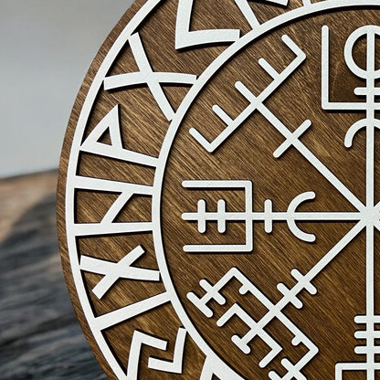 Wall decoration – Viking Shield with Runes &amp; Viking Compass 🛡️✨ - Type 3, Vers. 3