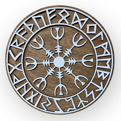 Wall decoration – Viking Shield with Runes &amp; Viking Compass 🛡️✨ - Type 4, Vers. 3