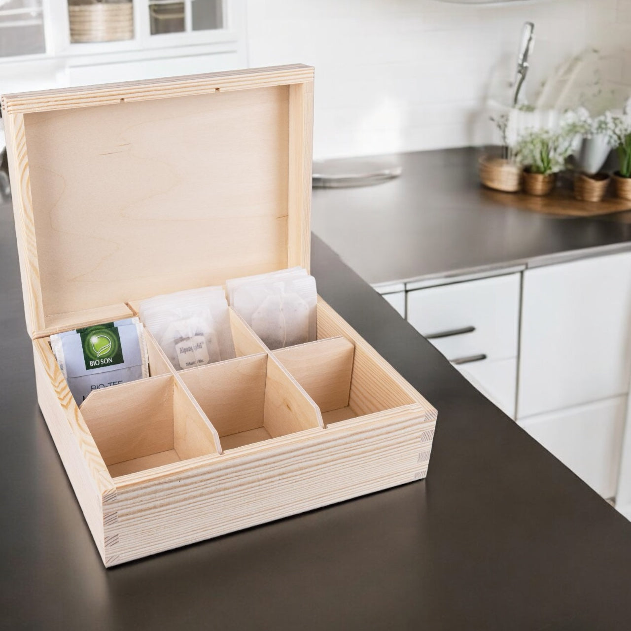 Teebeutelbox aus Tannenholz 6 Fächer - 22 x 16,5 x 7,8 cm