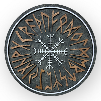 Wall decoration – Viking Shield with Runes &amp; Viking Compass 🛡️✨ - Type 1, Vers. 3
