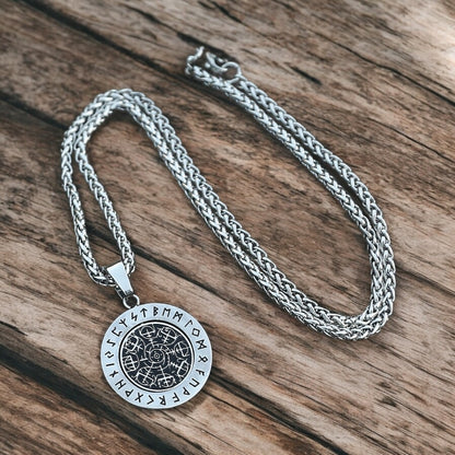 Vegvisir Polished Necklace – 304 Stainless Steel with Rune Ring (2025)